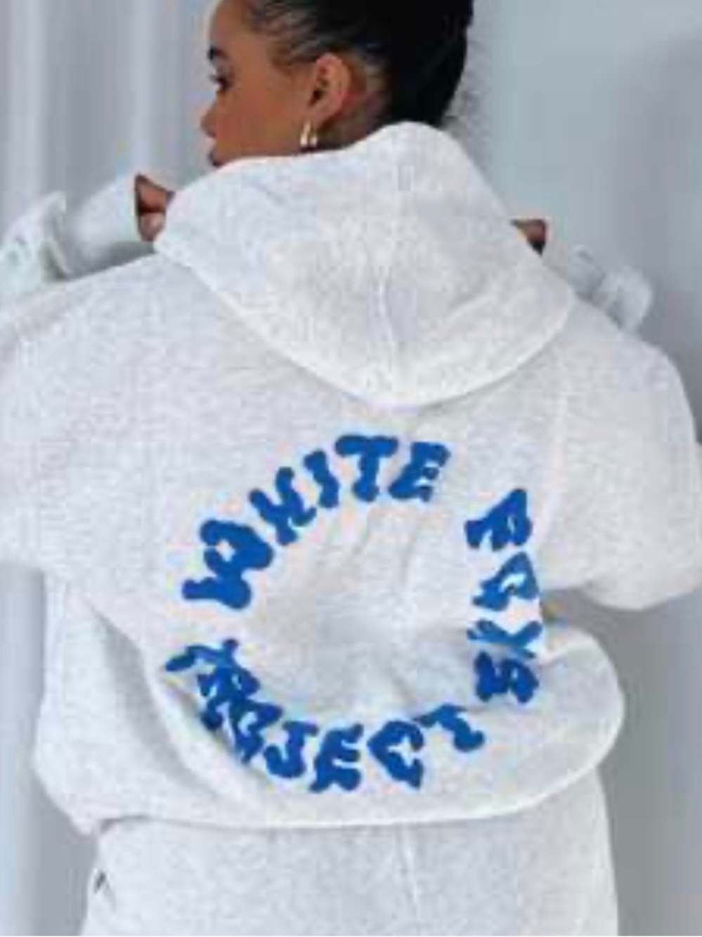 White Fox Boutique White Hoodie with Blue Circle Graphic